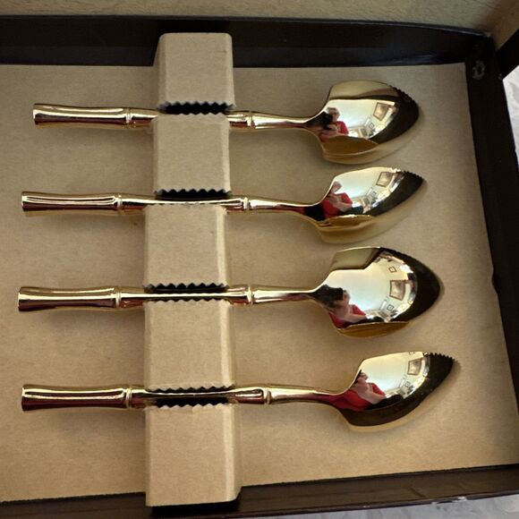 Supreme Cutlery 4 Gold Electroplated Grapefruit Fruit Spoons Bamboo, Boxed Set - Picture 4 of 9